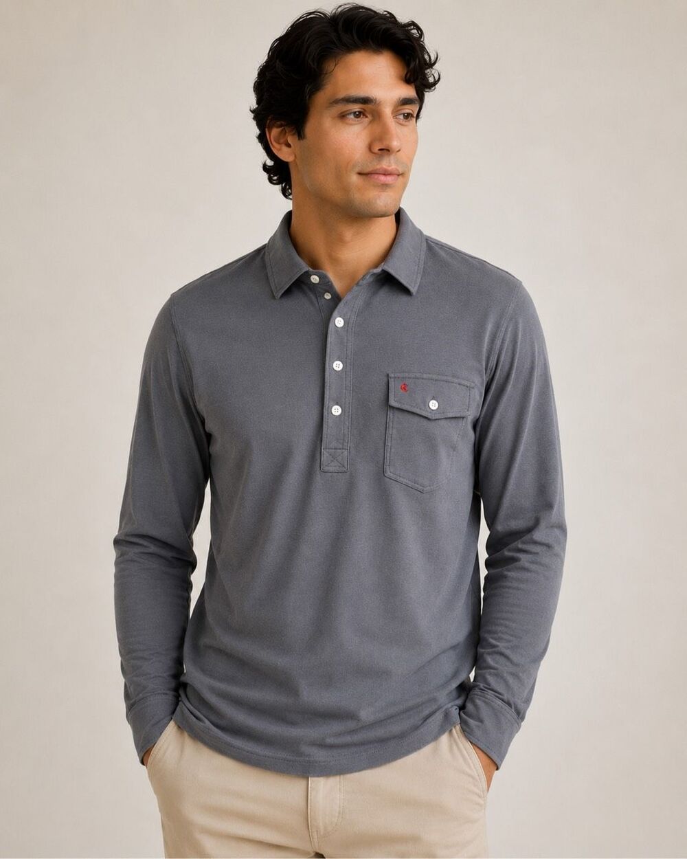 Criquet Men’s Medium Gray Long Sleeve Pima Cotton Polo Shirt Chest Pocket #1900